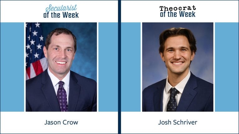 A photo of Jason Crow labeled "Secularist of the week" next to a photo of Josh Schriver labeled "Theocrat of the week"