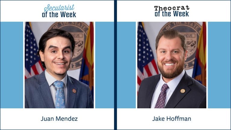 A photo of Juan Mendez labeled "Secularist of the Week" next to a photo of Jake Hoffman labeled "Theocrat of the Week"