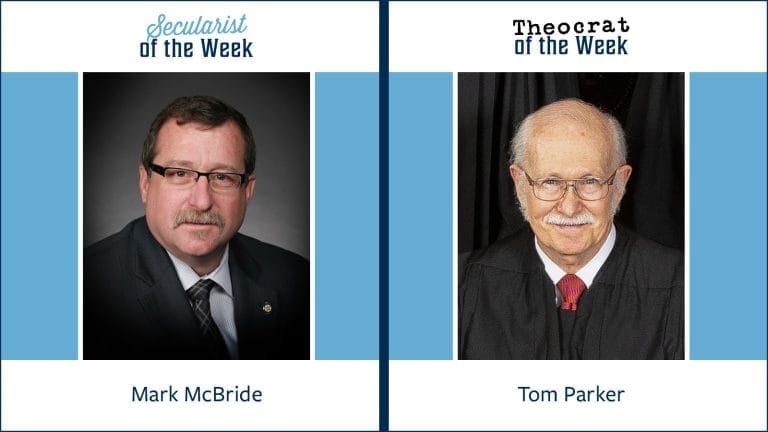 A photo of Mark Mcbride labeled "secularist of the week" and a photo of Tom Parker labeled "theocrat of the week"