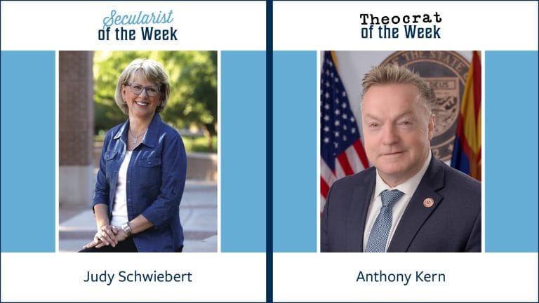 A photo of Judy Schwiebert labeled secularist of the week and a photo of Anthony Kern labeled theocrat of the week