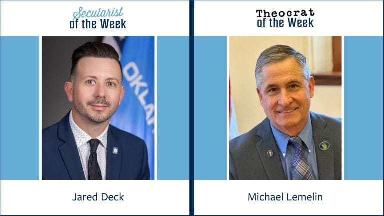 A photo of Jared Deck titled Secularist of the Week and A photo of Micheal Lemelin labeled theocrat of the week.
