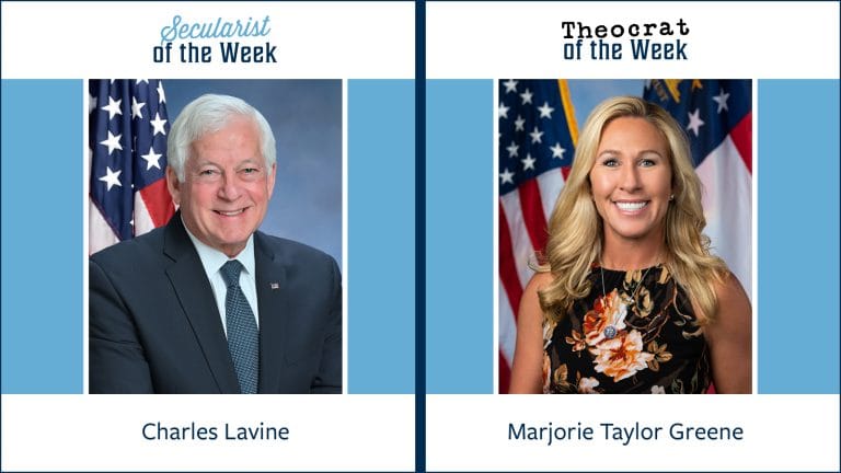 A photo of Charles Lavine labeled secularist of the week, and a photo of majorie taylor green labeled theocrat of the week