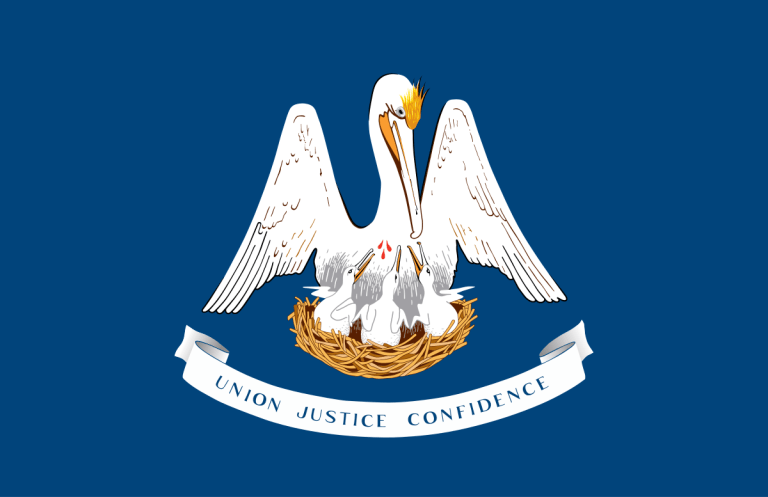 the flag of Louisiana. It depicts a pelican feeding its young and the words Union, Justice, Confidence