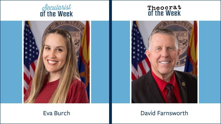 A photo of Eva Burch titled secularist of the week and A photo of David Farnsworth labeled theocrat of the week