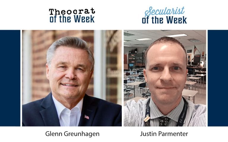 A photo of Glenn Greunhagen with the title theocrat of the week and a photo of Justin Paramenter with the title secularist of the week