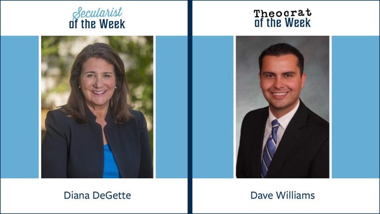 A photo of Diana DeGetter with the title secularist of the week and A photo of Dave Williams with the title Theocrat of the Week