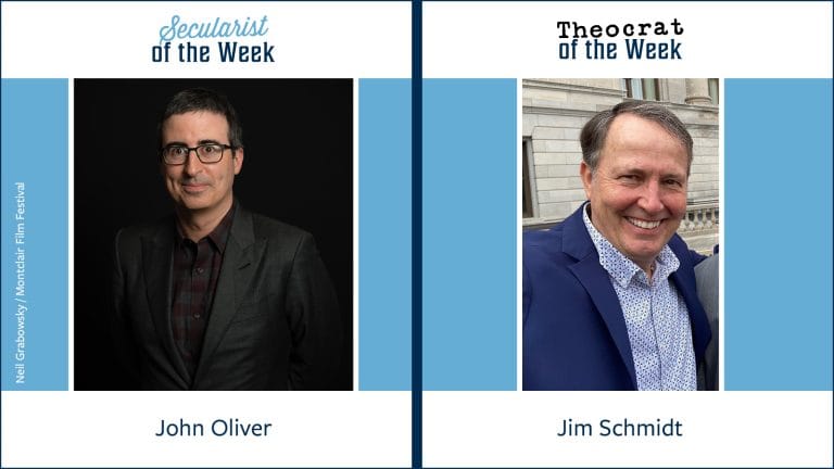 A photo of John Oliver with the title secularist of the week and