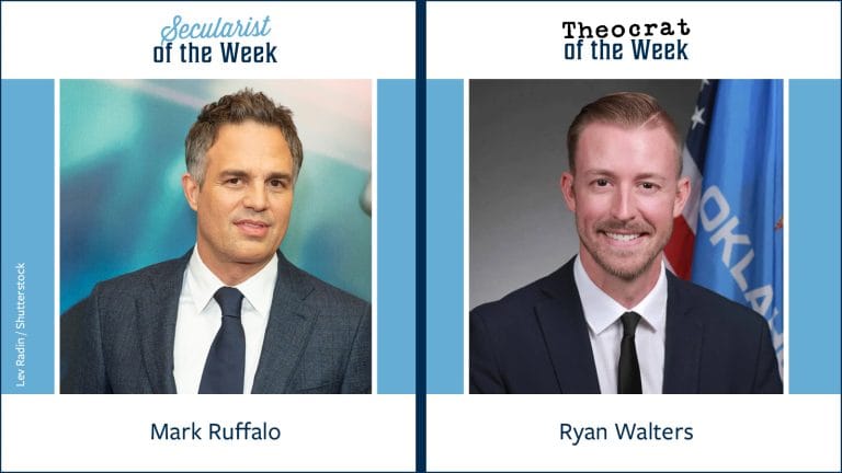 A photo of Mark Ruffalo with the title secularist of the week and a photo of Ryan Walters with the title theocrat of the week.